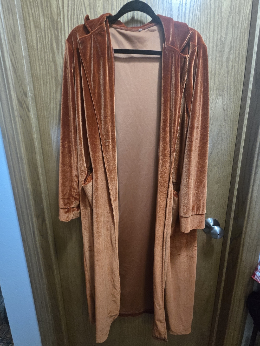 Long Velvet Hooded Cardigan Sweater - Rust